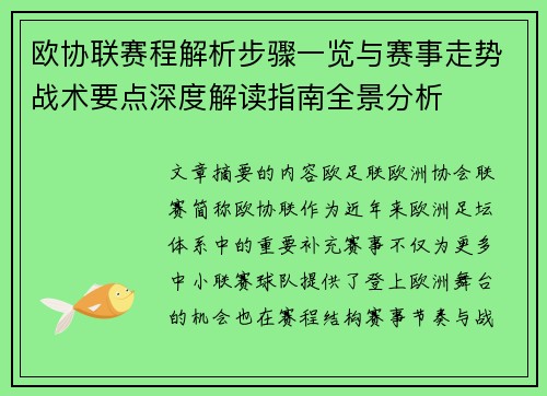 欧协联赛程解析步骤一览与赛事走势战术要点深度解读指南全景分析